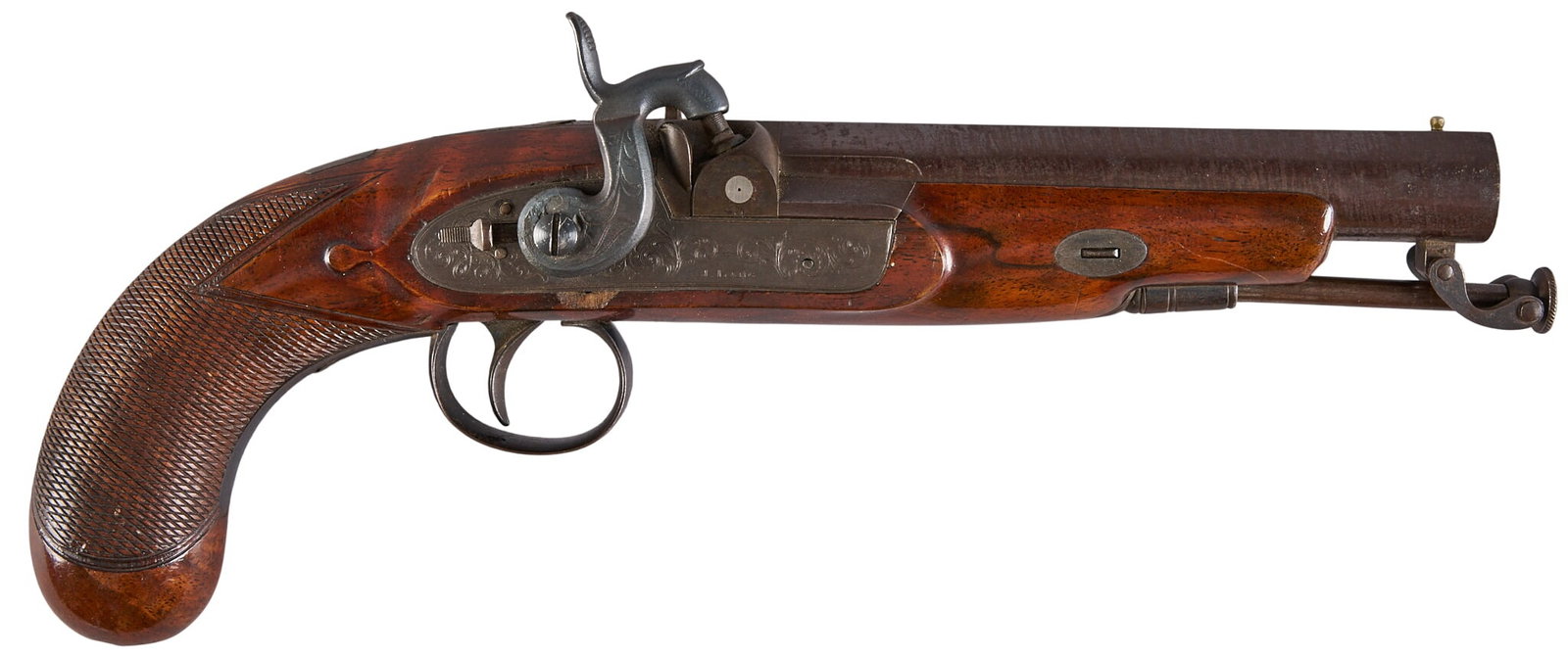 Red McCombs | English J. Lang Percussion Pistol: Manufacturer: Joseph Lang-London Model: Percussion Pistol Caliber: 60 Barrel Length: 6 in. OAL: 10.5 in. Condition: Very good-antique; mostly light scratches & pressure dents, large cluster o