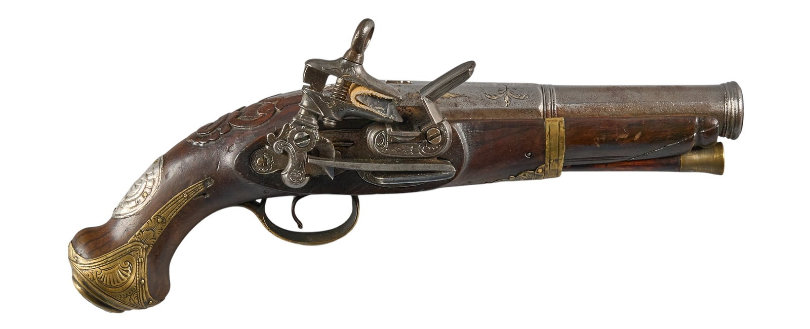 Red McCombs | Cased Spanish Catalan Style Engraved & Silver Inlaid Miquelet Lock Pistol: Manufacturer: unknown Spain (c. mid 18th c.) Model: Miquelet belt pistol Caliber: 66 cal. Barrel Length: 5.5 in. OAL: 10.5 in. Condition: Very good-antique; wood stock has moslty light wear for age; b