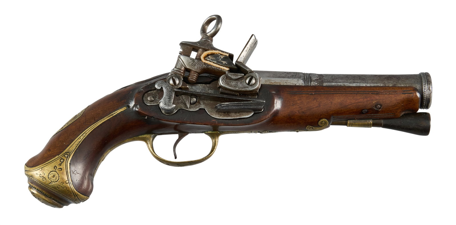 Red McCombs | Cased Spanish Miquelet Lock Belt Pistol W/ Powder Flask: Manufacturer: Spain (c. 18th-19th c.) Model: Miquelet belt pistol Caliber: 72 cal. Barrel Length: 5 in. OAL: 10 in. Condition: Good-antique; wood stock has moderate wear w/ splits around the sideplate