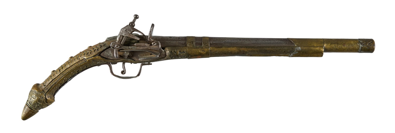 Red McCombs | Indo-Persian Brass Mounted Miquelet Lock Pistol: Model: Miquelet-lock Pistol Caliber: 60 OAL: 20 in. Condition: Fair-antique; mechanically fair, action is tight; scattered pitting throughout; dark patina on brass mounting Includes: extensive pierced