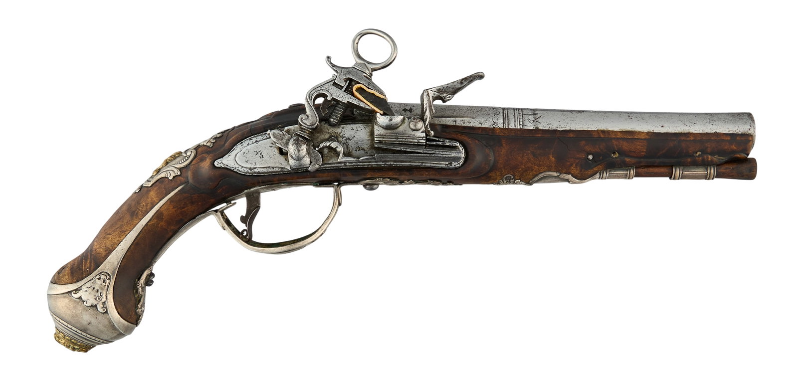 Red McCombs | Cased Ornately Decorated Brescia Italy Miquelet Lock Pistol W/ Silver 1764 Dated 2: Manufacturer: unknown Brescia-Italy (c. mid-late 18th c.) Model: Miquelet pistol Caliber: 46 cal. Barrel Length: 5.5 in. OAL: 10.5 in. Condition: Good-antique; wood stock has some repaired splitting t