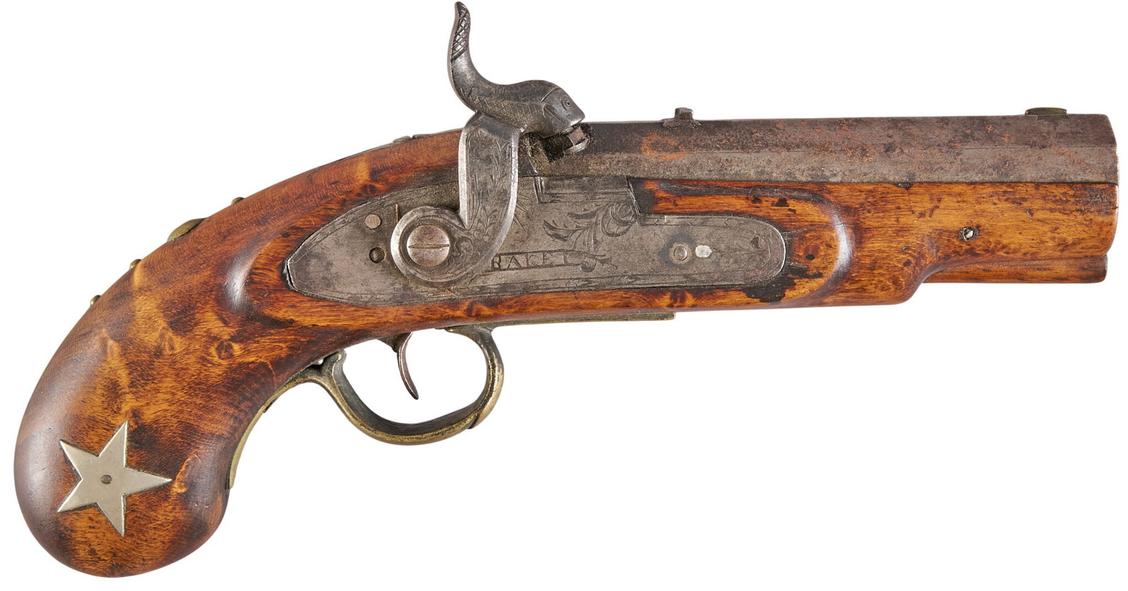 Red McCombs | James Horn Travels Inscribed Percussion Pistol: Manufacturer: Baker Model: Percussion Pistol Caliber: 44 OAL: 9.25 in. Condition: wood stock has been sanded & re-stained; barrel & lock plate have patina & scattered pitting; mechanically