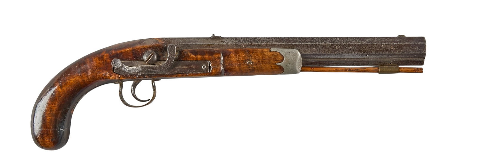 Red McCombs | Kentucky Style Side Hammer Percussion Pistol: Model: Side Hammer Percussion Pistol Caliber: 36 OAL: 16.5 in. Condition: Fair-antique; wood stock has moderate wear with some repaired splits; barrel & lock mechanism have heavy pitting; side ham