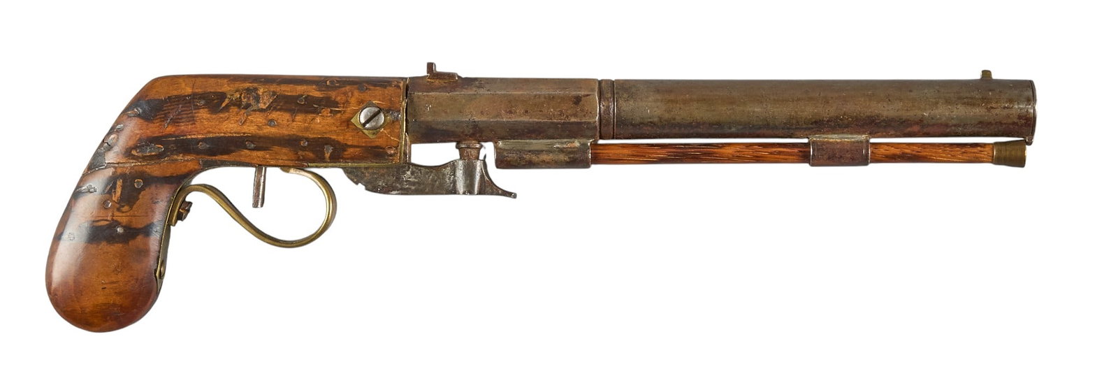 Red McCombs | American N. Kendall Under Hammer Percussion Pistol: Manufacturer: N. Kendall-Windsor, VT Model: Under-hammer percussion pistol Caliber: 38 OAL: 12.5 in. Condition: Fair-antique; wood handle has multiple repairs; scattered rust & pitting; mechanical