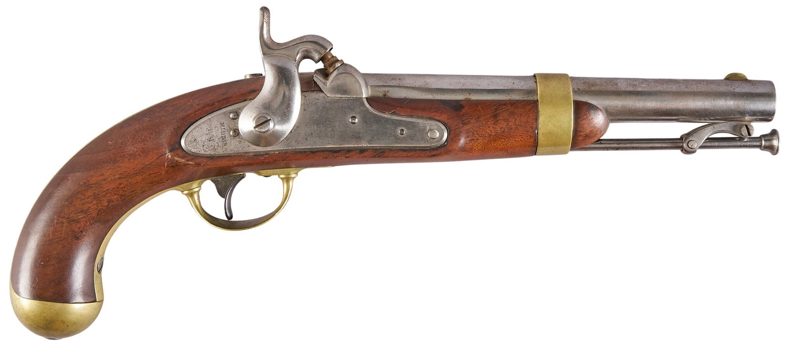 Red McCombs | US H. Aston Model 1842 54 Cal. Percussion Pistol: Manufacturer: H. Aston Model: 1842 Pistol Caliber: 54 Barrel Length: 8 in. OAL: 13.5 in. Condition: Good-antique; very light scratches on stock, small split near lock, possibly sanded &