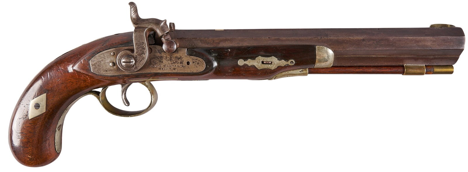 Red McCombs | Wolf, Bishop & Co. Percussion Mountain Man Pistol W/ Beaded Hide Holster: Manufacturer: Wolf, Bishop & Co.-Baltimore, MD (c. Model: percussion pistol Caliber: 44 cal. Barrel Length: 10 in. OAL: 16.5 in. Condition: Good-antique; wood stock has light-moderate wear w