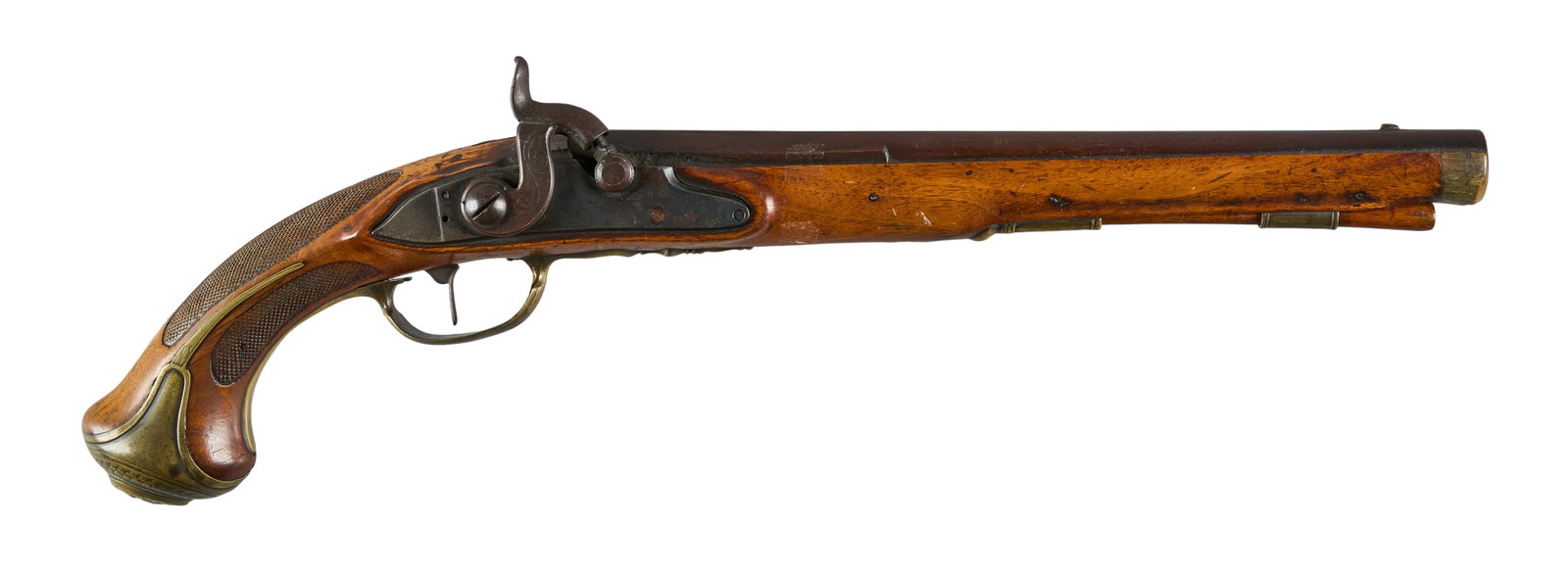 Red McCombs | European Brass Mounted Full Stock Percussion Pistol: Model: Percussion Pistol Caliber: 61 OAL: 19 in. Condition: Good-antique; possible refinish; mechanically good; some light scattered pitting Includes: checkered handle; pierced brass dragon side-plate