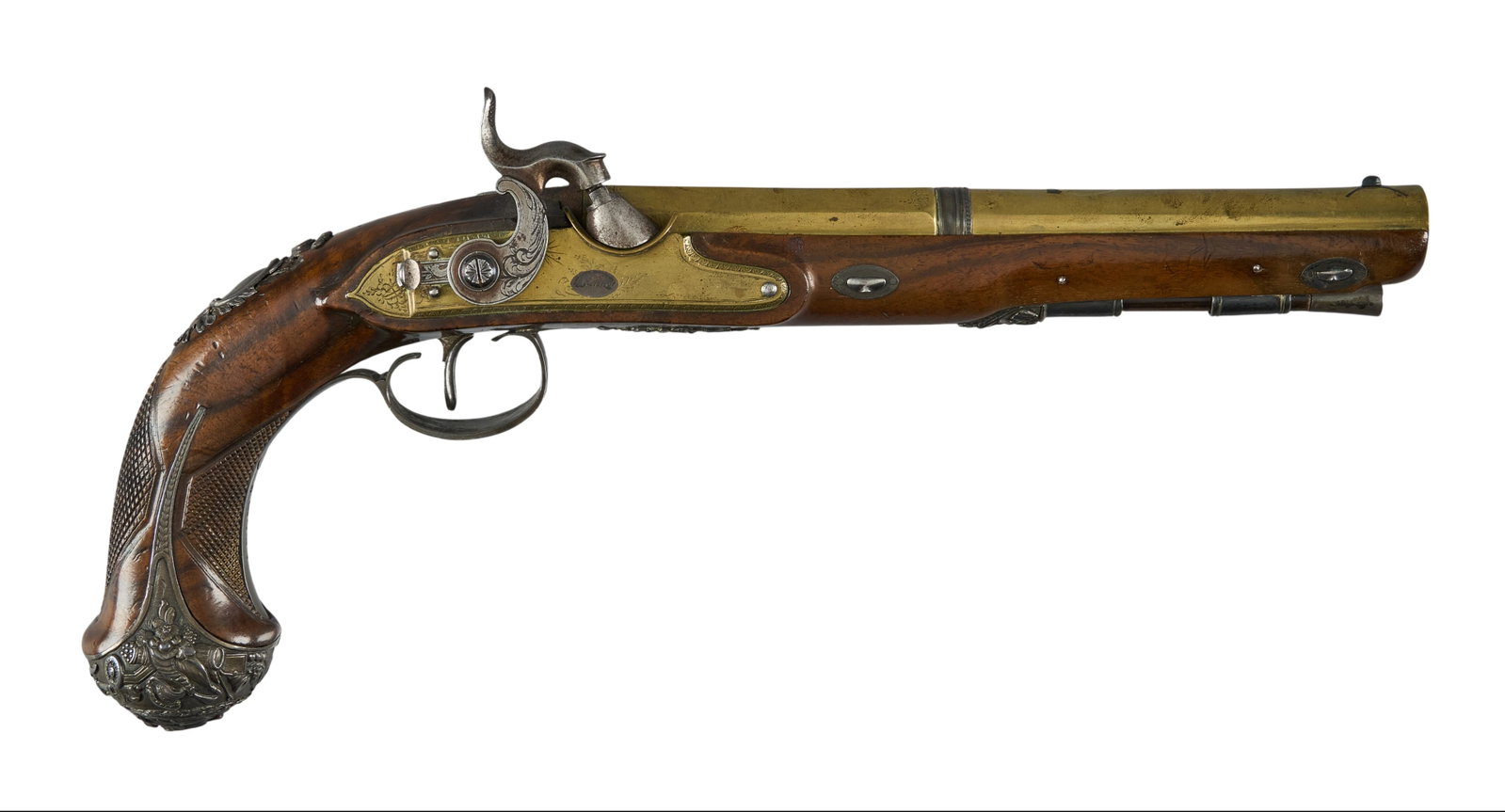 Red McCombs | Bennett Royal Exchange London Sliver Mounted Percussion Conversion Pistol: Manufacturer: Bennett, Royal Exchange-London Model: percussion converted dueling pistol Caliber: 60 cal. Barrel Length: 8.75 in. OAL: 13.75 in. Condition: Very good-antique; wood stock shows light wea