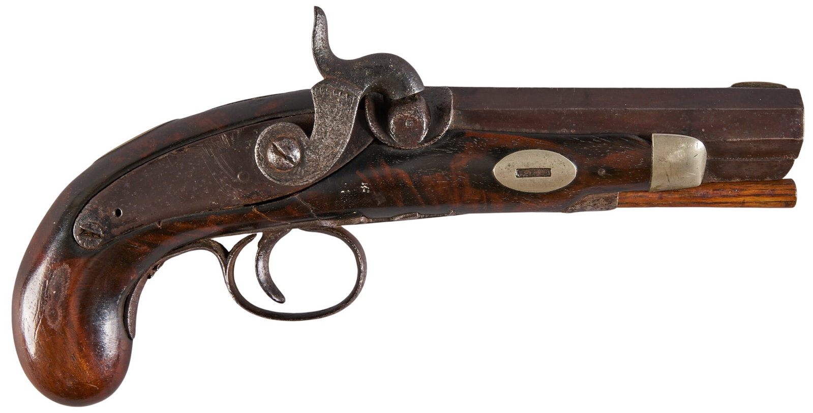 Red McCombs | Possible Henry Deringer Percussion Pocket Pistol: Manufacturer: Unknown - markings appear to match standard Henry Deringer markings (obscured by pitting) Model: Percussion Derringer Pistol Caliber: Approx. 50 Barrel Length: 4.25 in. OAL: 8.25 in. Con