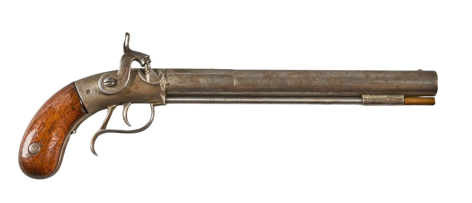 Red McCombs | Unmarked Percussion Pistol: Model: Percussion Target Pistol Caliber: 36 OAL: 13.5 in. Condition: Fair-antique; moderate wear on grips; barrel & frame have gray bare metal with scattered pitting; appears to have some welding 