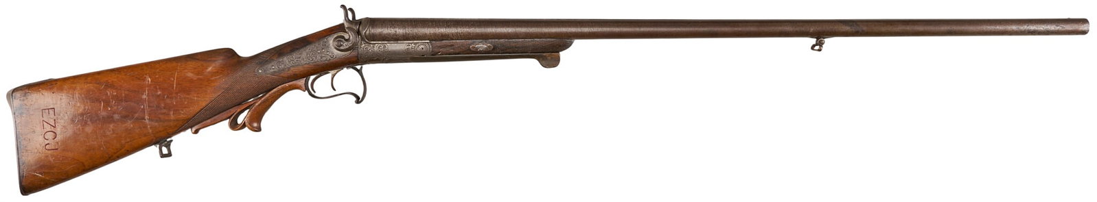 Red McCombs | Rare Engraved Bavarian Johan Rieger Underlever SXS Shotgun W/ Silver Inlay: Serial: 4241 Manufacturer: Johan Rieger-Munchen, Bavaria, Germany (c. 1850s) Model: Underlever SXS Caliber: 16 gauge Barrel Length: 30.75 in. OAL: 47.25 in. Condition: Good-antique; wood stock & f