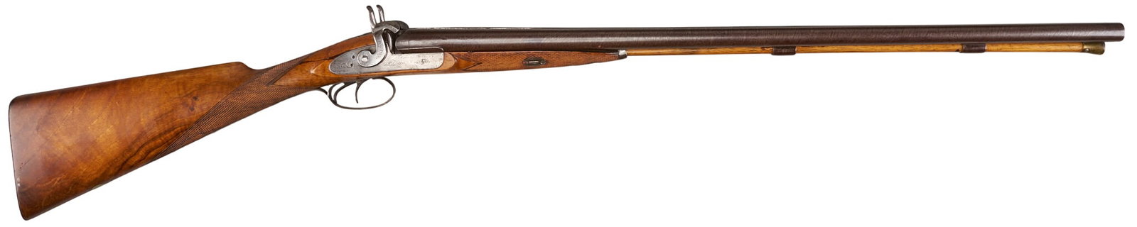 Red McCombs | English Charles Webley SXS Percussion Shotgun: Serial: 50943 Manufacturer: Charles Webley-London (Trade name used by P. Webley & Sons)(c. 1880s-1890s) Model: percussion SXS Caliber: 12 gauge Barrel Length: 30 in. OAL: 47.25 in. Condition: Very