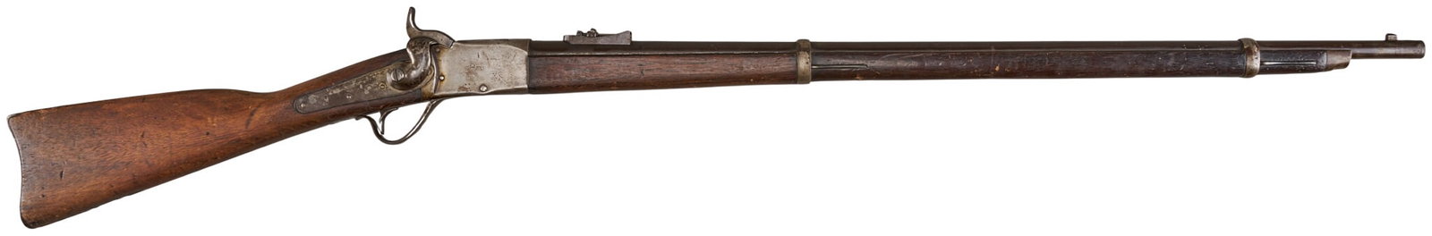 Red McCombs | Connecticut Purchase Providence Tool Co. Peabody 45 RF Breech-Loading Rifle: Manufacturer: Providence Tool & Co. (c. late 1860s-1870s) Model: Peabody Patent rifle Caliber: 45 Peabody RF Barrel Length: 33 in. OAL: 51.5 in. Condition: Good-antique; wood stock & forend ha