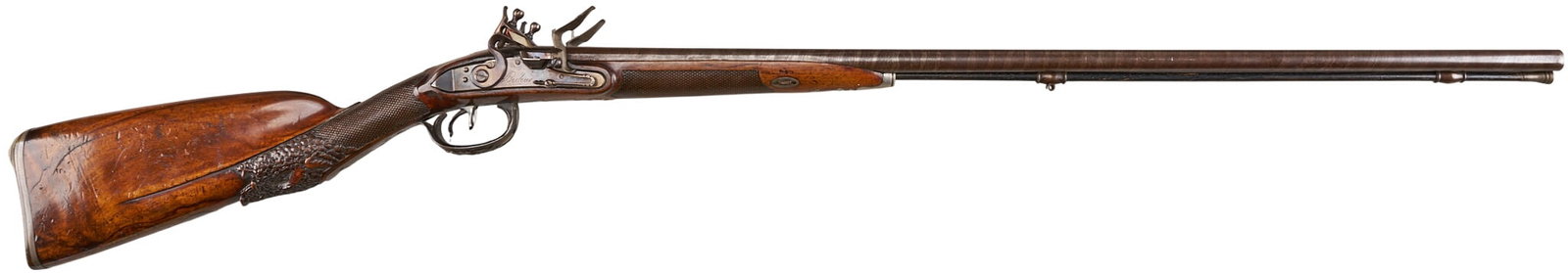 Red McCombs | Belgian Carved Flintlock 20 Gauge Double Barrel Fowler W/ Silver Inlay and Horn: Manufacturer: Michel / Berleur-Belgium Model: SXS flintlock shotgun Caliber: 20 gauge Barrel Length: 32.75 in. OAL: 47.5 in. Condition: Very good; wood stock & forend have moderate wear; barrels h
