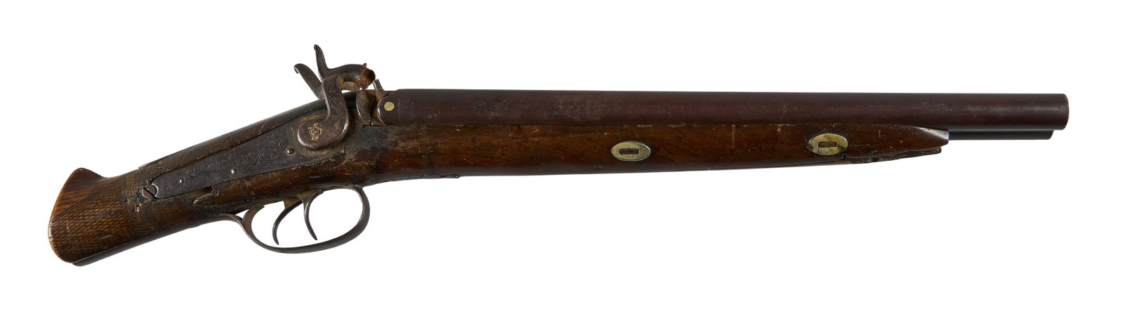 Red McCombs | H. Steelman Agent SXS Express Gun: Model: Percussion SXS Caliber: Unknown OAL: 22 in. Condition: Poor/fair-antique; heavy wear; cracked wrist; plum brown patina with pitting; right hammer is loose; split on forearm; missing ramro