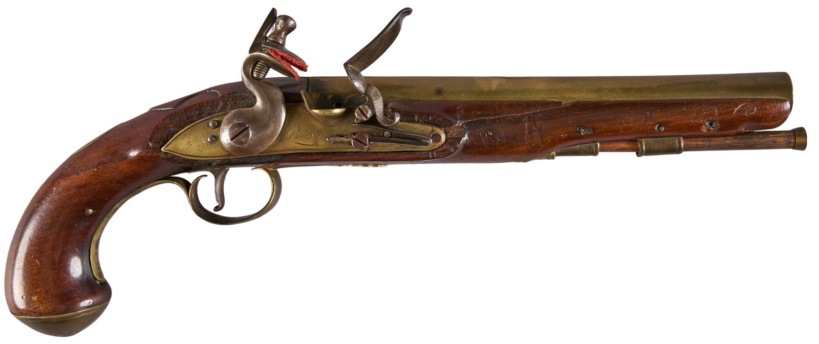 Red McCombs | Barber Signed London Brass Barrel Trade Flintlock Pistol: Manufacturer: Barber-London (c. late 18th c.) Model: flintlock holster pistol Caliber: 58 cal. Barrel Length: 7.5 in. OAL: 13.5 in. Condition: Good-antique; wood stock has fair amount of wear w/ chipp