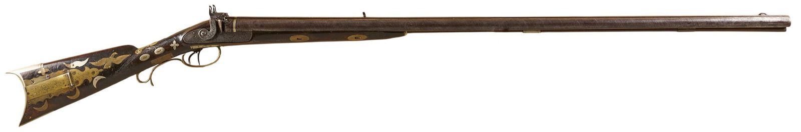 Red McCombs | C. 1867 Magnificent Silver Ornamented Belgian SXS Percussion Cape Gun: Manufacturer: Unknown New York/Pennsylvania (Belgian barrels) (c. 1867) Model: percussion Cape gun Caliber: 45 cal. / 12 Gauge Barrel Length: 40 in. OAL: 56.5 in. Condition: Good-antique conditio