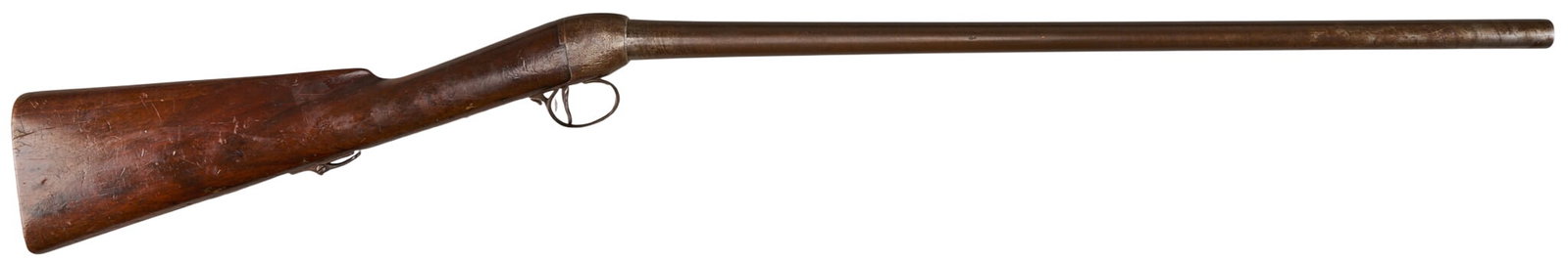 Red McCombs | Very Unique Unknown European Screw-Barrel Gallery Gun: Manufacturer: unknown Model: Gallery screw-barrel gun Caliber: approx. 20 gauge Barrel Length: 22.75 in. OAL: 38 in. Condition: Fair-antqiue condition; wood stock has moderate wear; barrek & recei