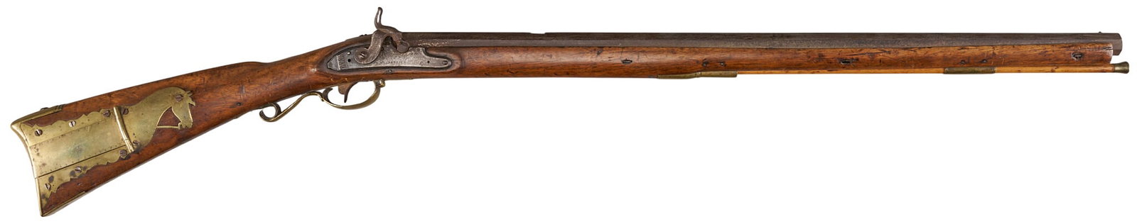 Red McCombs | Brazier Marked Full-Stock Percussion Rifle W/ Horse-Head Patch Box: Manufacturer: unknown / Brazier marked lock (c. mid 19th c.) Model: full-stock percussion rifle Caliber: 60 cal. Barrel Length: 29 in. OAL: 44.5 in. Condition: Fair-antique; wood stock has wear & 