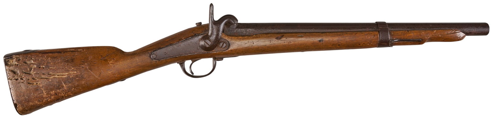 Red McCombs | French Percussion Carbine Carved "JESSE JAMES" on Stock: Manufacturer: unknown (French-style) Model: Cavalry Carbine Caliber: 69 cal. Barrel Length: 18 in. OAL: 33.5 in. Condition: Fair-poor antique; wood stock has extensive wood worm damage (inactive) and 