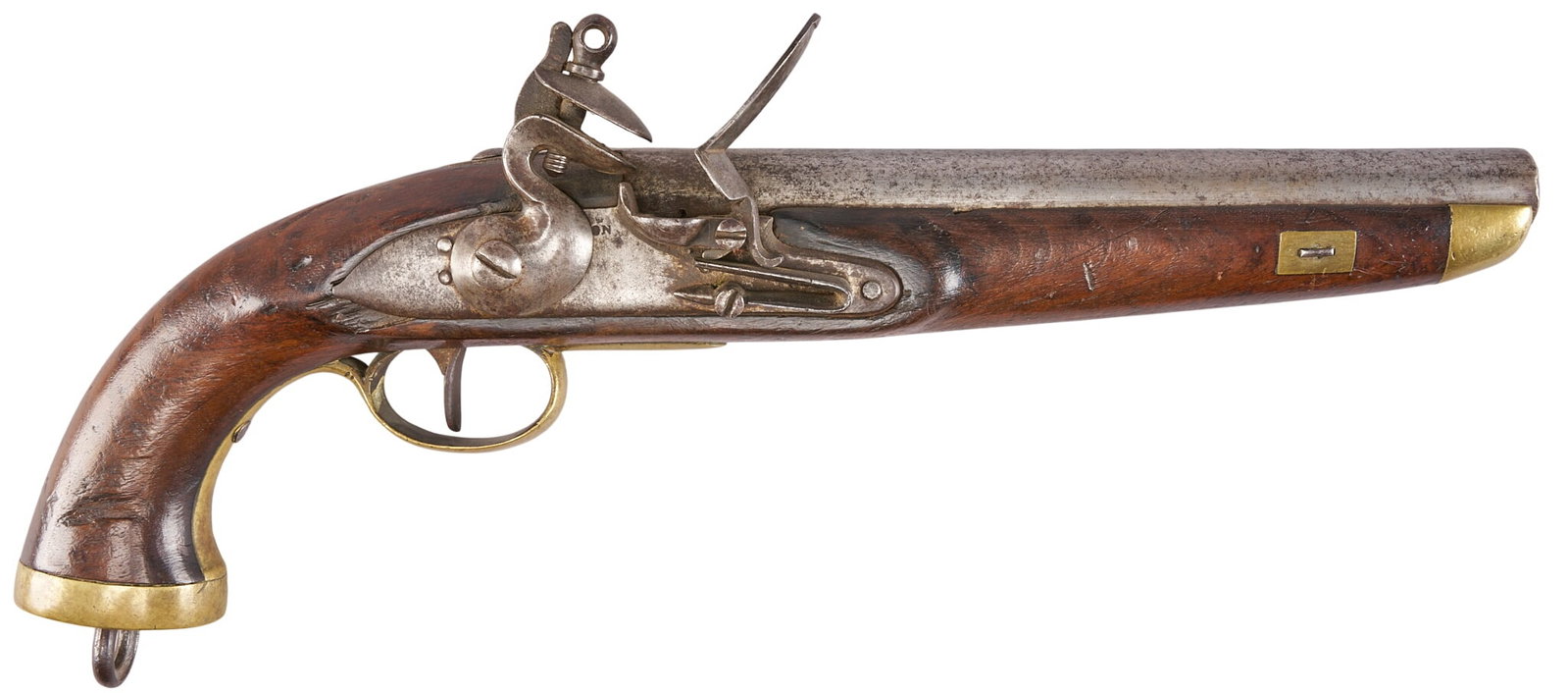 Red McCombs | Flintlock Pistol with Indian Holster Purportedly Used in Alamo Film by John Wayne: Model: Flintlock Pistol Caliber: 68 OAL: 15.5 in. Condition: Good-antique; moderate wear & patina on wood stock; scattered pitting on barrel & lock plate; mechanically functional Includes: ful
