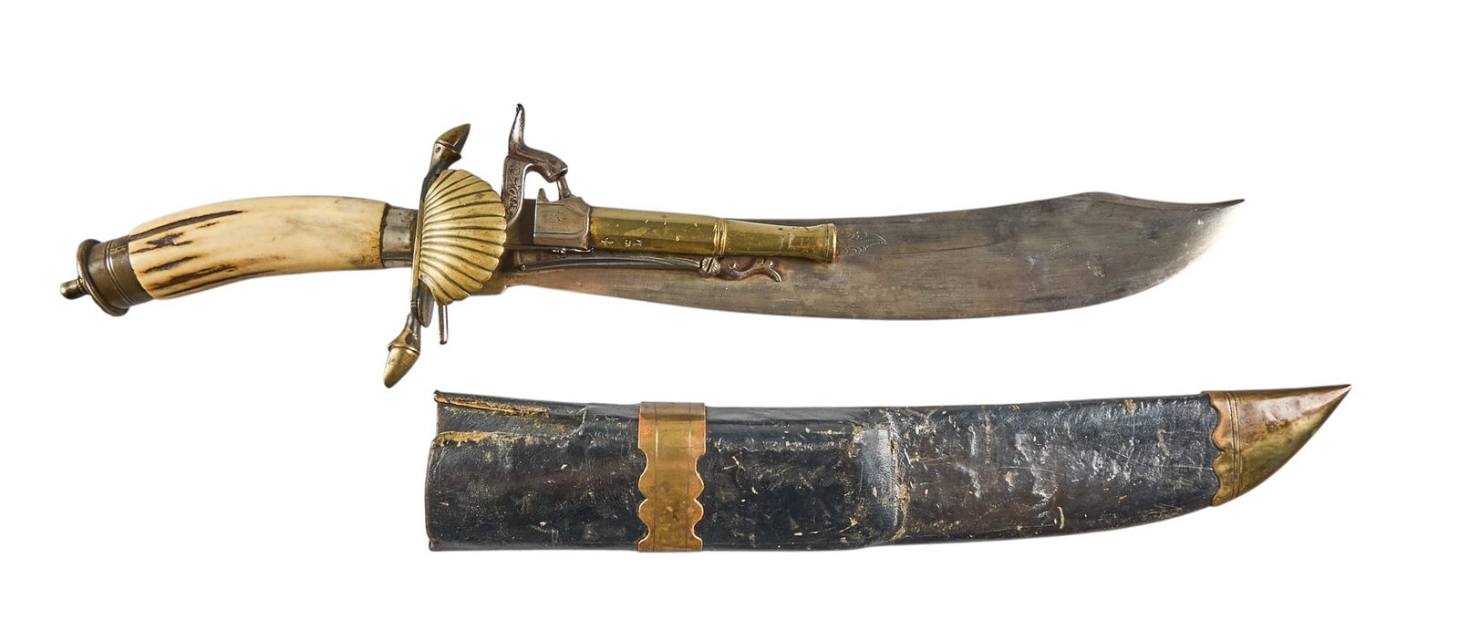 Red McCombs | Antique German Hirschfanger Combination Percussion Pistol: Model: Hirschfanger Pistol Caliber: 36 OAL: 19.5 in. Condition: Very good-antique; stag handle shows patina commensurate with age; light scattered pitting on blade & pistol; mechanically fun