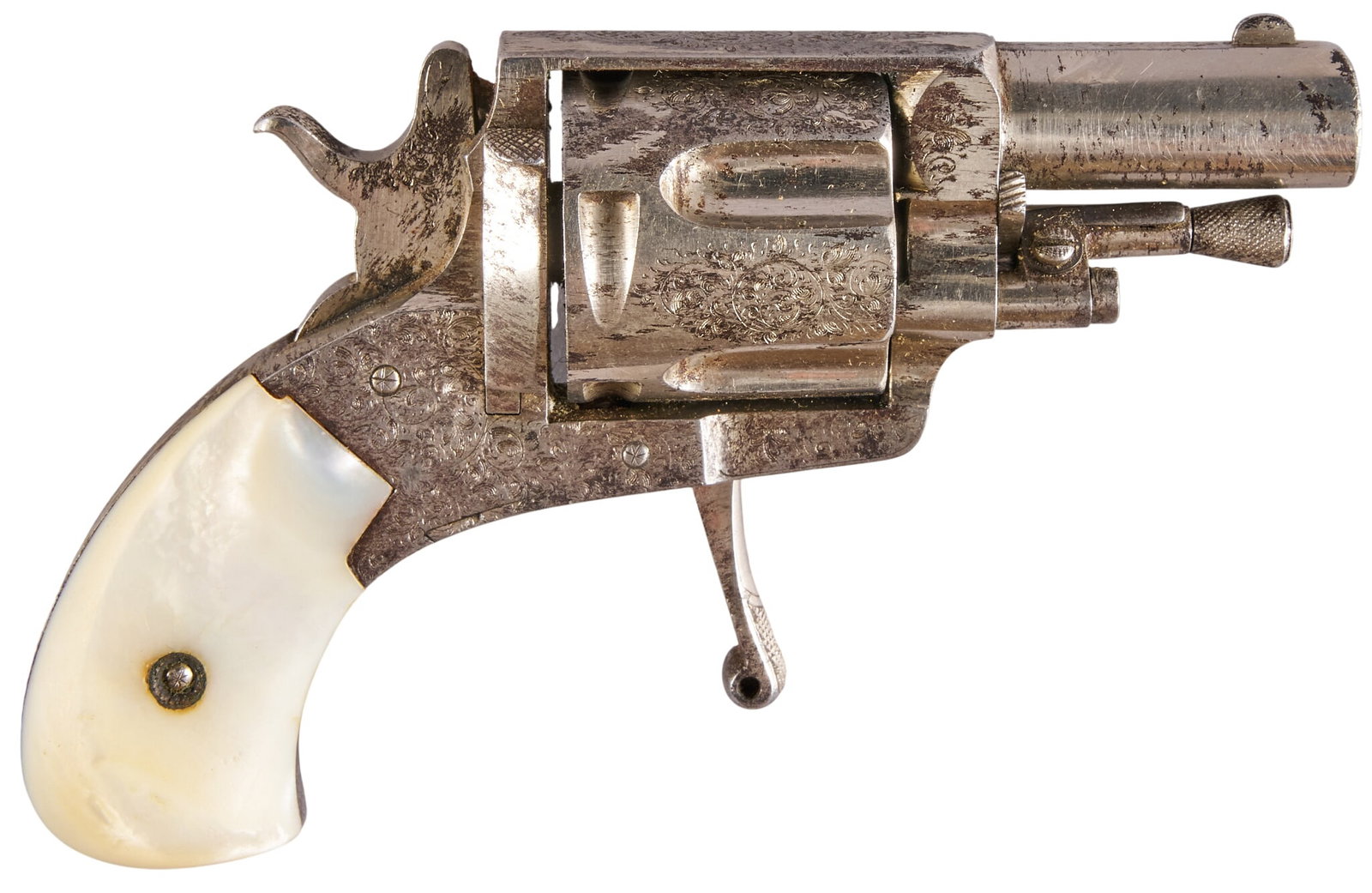 Red McCombs | Engraved Nickel Belgian Folding Trigger Revolver W/ Lady's Coin Pouch Case: Serial: 4865 Manufacturer: Liege-Belgium (c. early 1900s) Model: folding trigger revolver Caliber: 32 RF Barrel Length:1.6625 in. OAL: 4.625 in. Condition: Good; pearl grips are very good w/ light scr