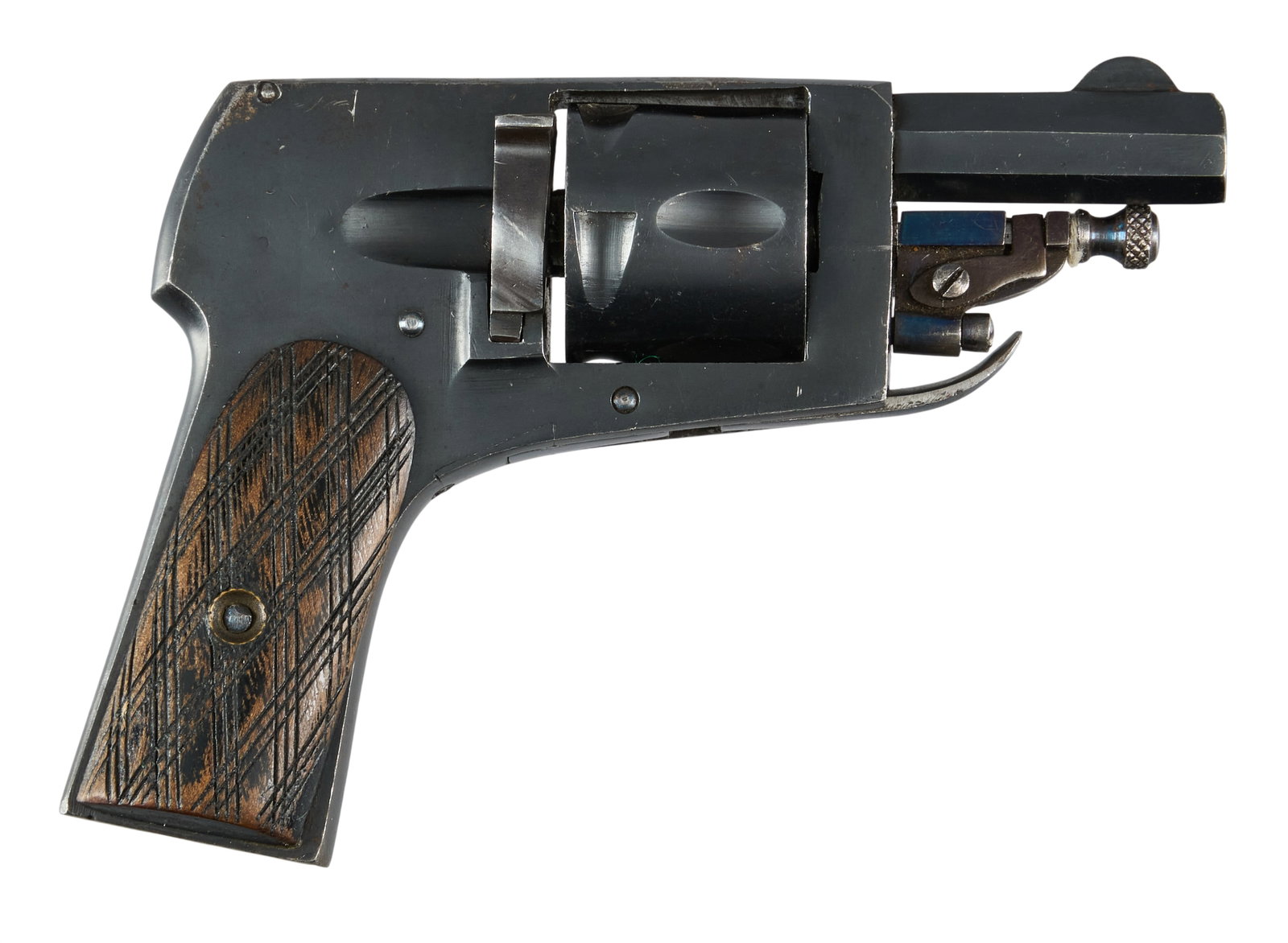 Red McCombs | Spanish Folding Trigger Pocket Revolver in Tin Case: Serial: 3 Manufacturer: Belgium (c. 1900-1915) Model: Velo Dog Caliber: 6.35mm Barrel Length: 1.625 in. OAL: 4.25 in. Condition: Good; wood grips have moderate wear; barrel, frame & cylinder 