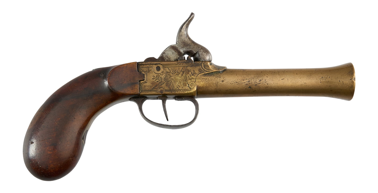 Red McCombs | Case English Brass Blunderbuss Pistol and Accoutrements: Manufacturer: England (c. 19th c.) Model: Blunderbuss pistol Caliber: .50 cal Barrel Length: 4 in. OAL: 9 in. Condition: Good-antique; wood handle has light wear; barre barrel & frame have nice ag