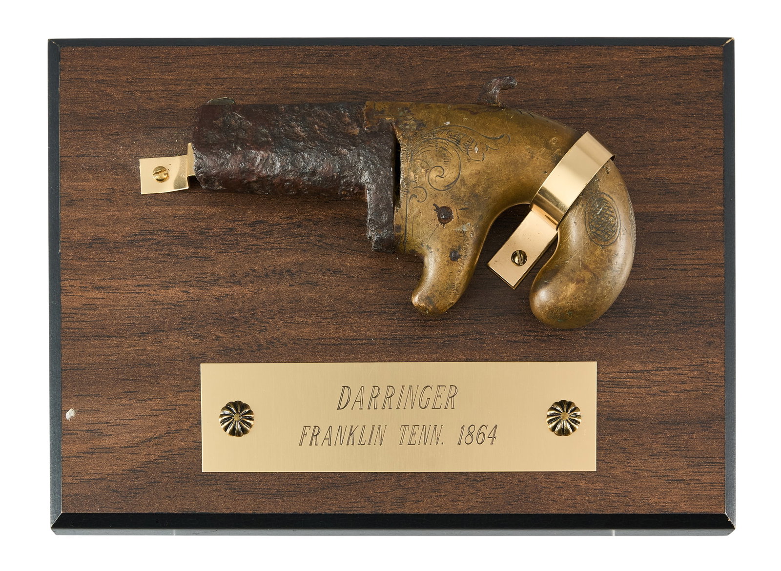 Red McCombs | Relic Condition 41 Caliber Derringer Found at Battle of Franklin TN: Manufacturer: Unknown Colt or Moore's Patent Model: Derringer Caliber: 41 Approx. OAL: 4.5 in. Plaque: 5 in. x 7 in. Condition: Relic; extensive pitting on barrel & hammer; missing trigger; br