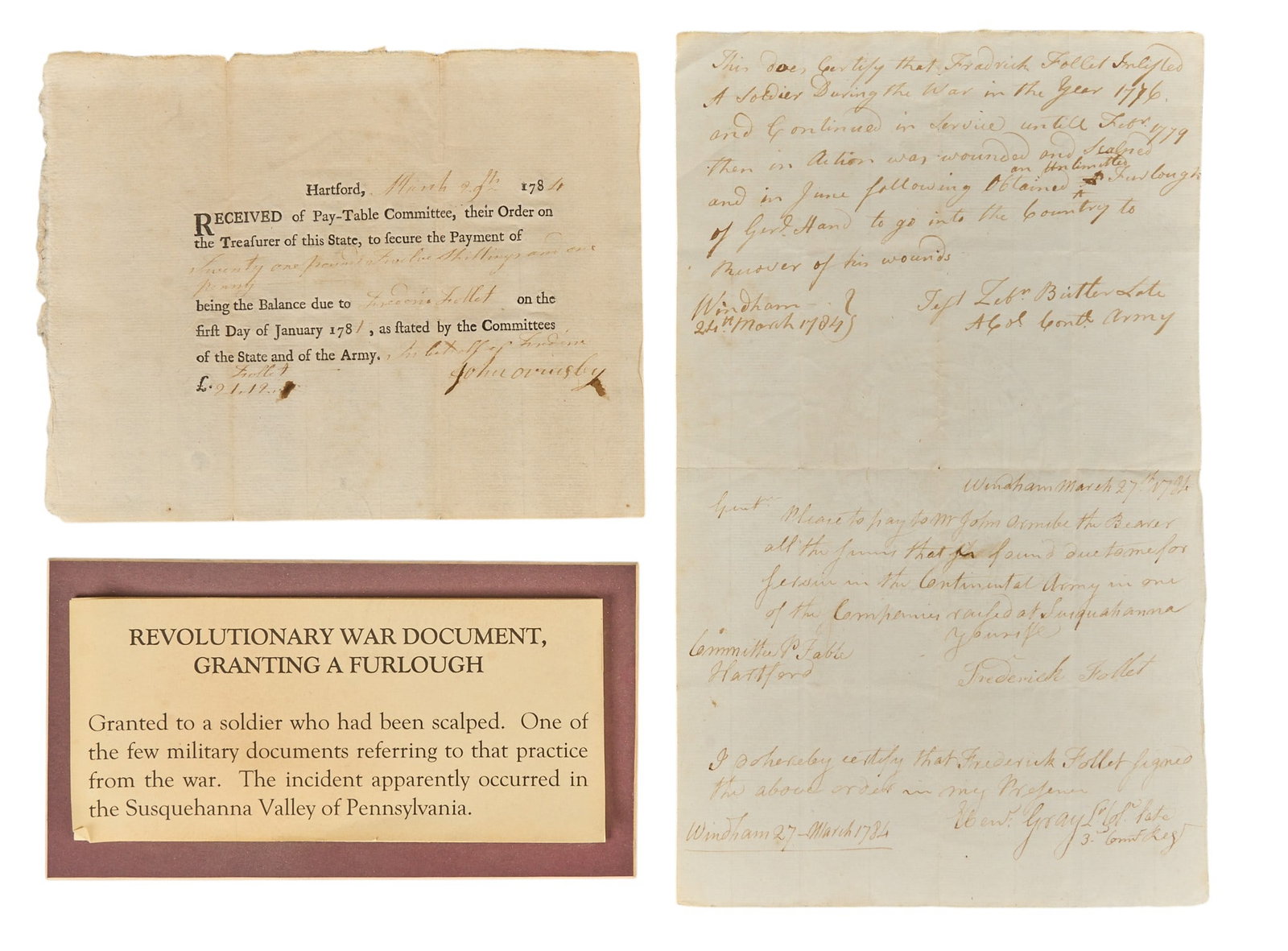 Red McCombs | Antique Revolutionary War Document: Antique Revolutionary War document granting furlough to a soldier who had been scalped, recorded to have occurred in the Susquehanna Valley of Pennsylvania, includes institution placard height 13 in. 