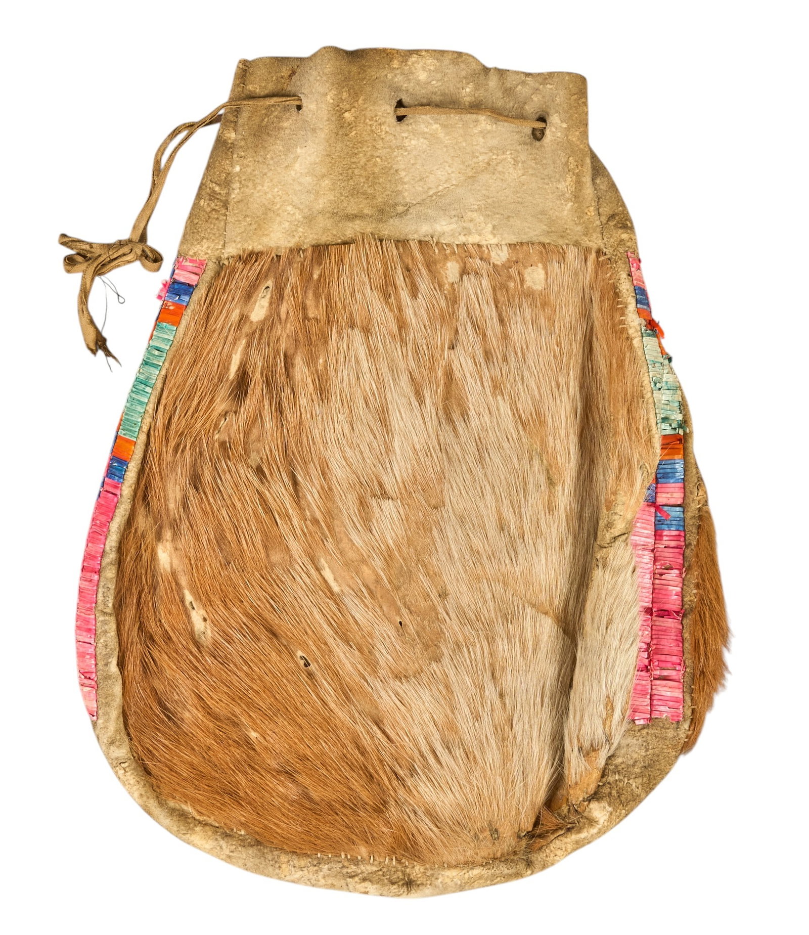 Red McCombs | Antique Quillwork Pouch: Antique hair on hide leather quillwork pouch, attributed to Apache or Kiowa tribes, circa mid-to-late 19th century, includes institution placard length 11 in. x width 8 in. 