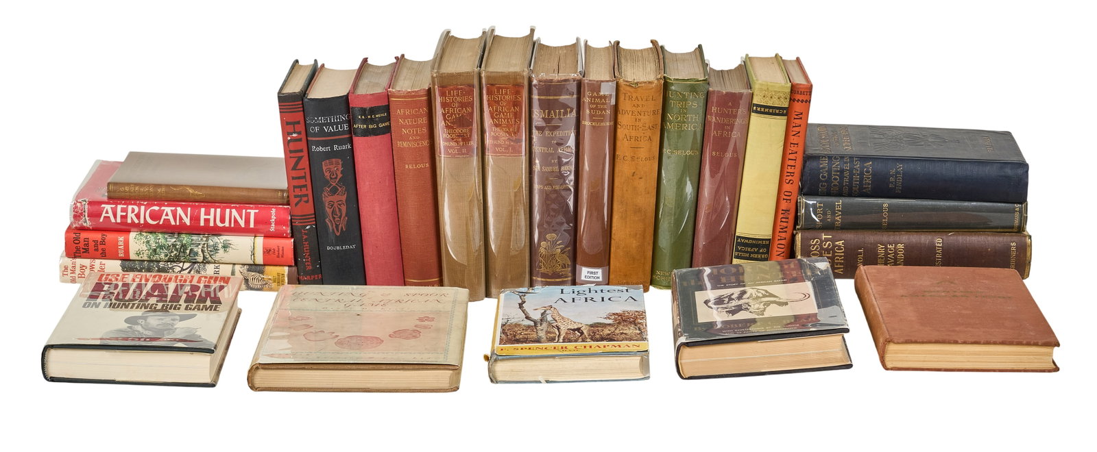 Red McCombs | (25) African Hunting and Exploration Books: Collection of twenty-five antique and vintage hardcover books focused primarily on big game hunting, African exploration, and wildlife narratives, featuring titles like Jim Corbett's Man-East
