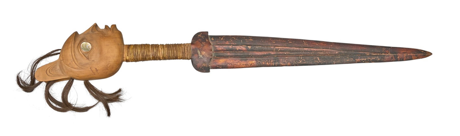 Red McCombs | Antique Eskimo Ceremonial Copper Dagger: Antique Pacific Northwest Eskimo ceremonial copper dagger, circa mid 19th century, figural carved handle with mother of pearl inlay, and animal hair decoration, includes institution placard lengt