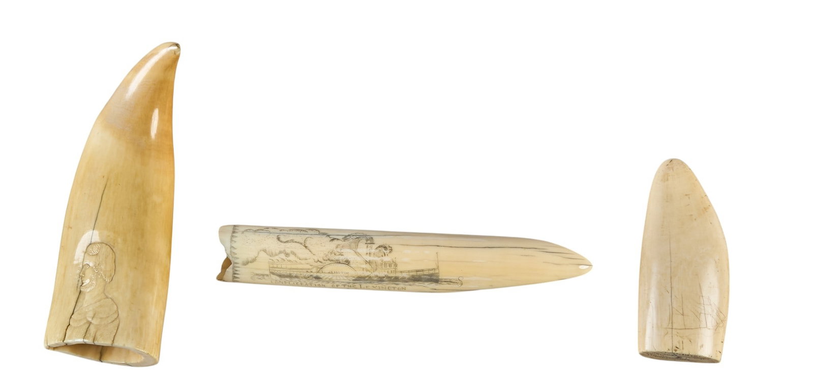 Red McCombs | (3) Scrimshaw Pieces: Collection of three scrimshaw pieces, with various etchings and carvings, one marked "Ivory tusk for India Engraved with Picture of J.S. Britannia 1889" height 9 in. x width 2 in. x depth 2 