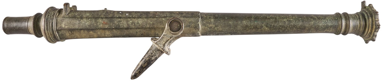 Red McCombs | Brass Ships Swivel Cannon: Possibly Indonesian Lantaka-style brass swivel cannon c. 16th-17th century OAL: 44.5 in. condition commensurate with age; heavy oxidation throughout Provenance: Property from the personal estate 