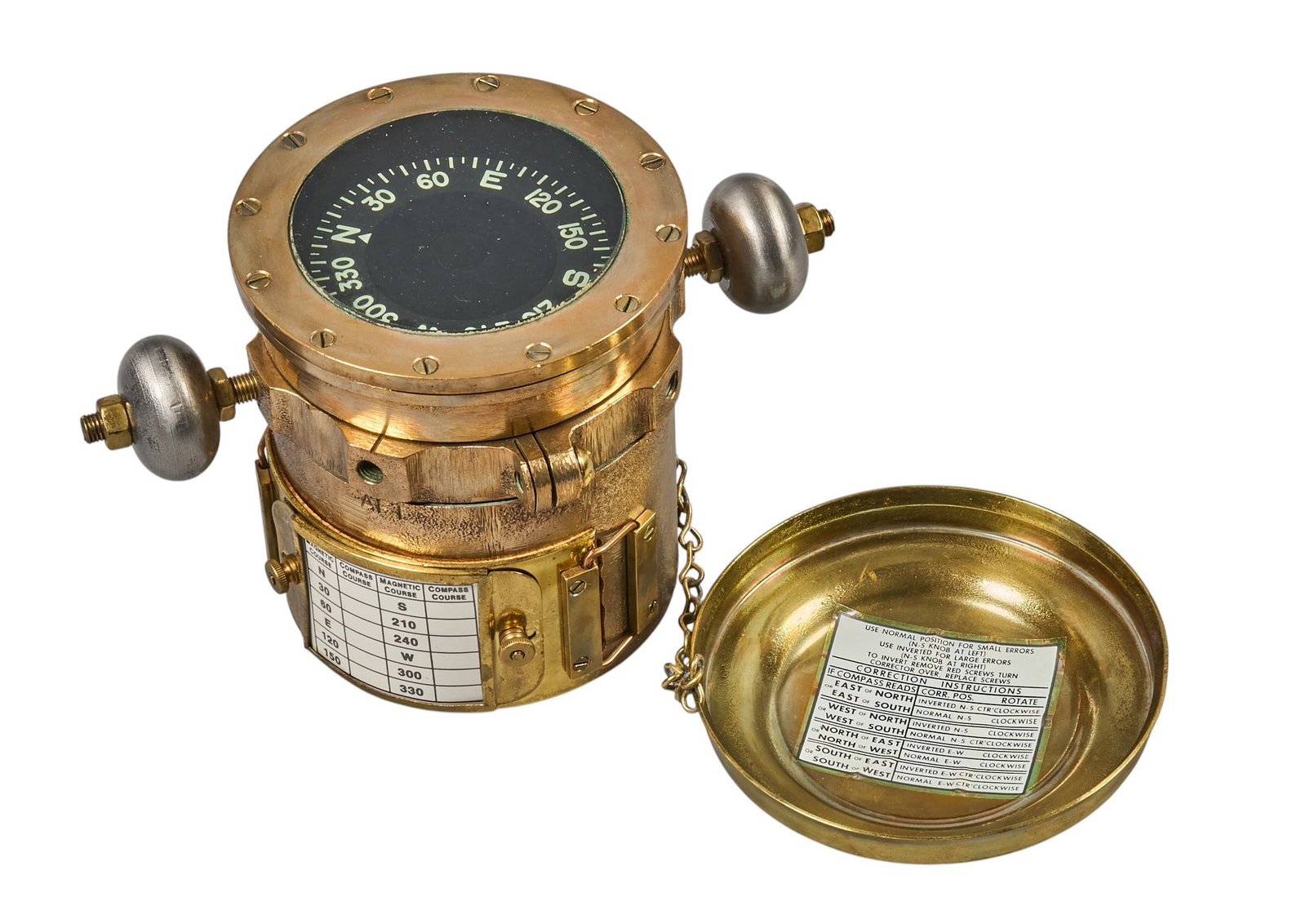 Red McCombs | Brass Marine Binnacle Compass: Brass marine magnetic binnacle compass, 20th century, cylindrical brass housing fitted with adjustable iron compensating spheres, black compass card graduated 0-360 degrees, applied deviation and comp