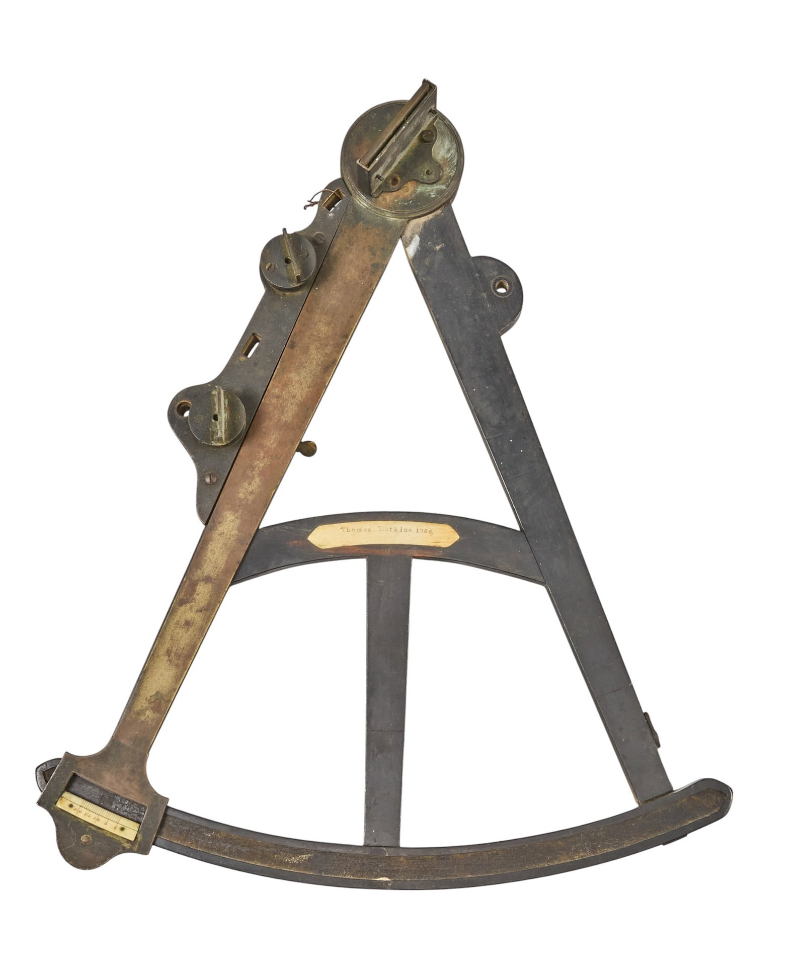 Red McCombs | Antique English Octant: English navigator's reflecting octant, ebony frame with brass index arm and fittings, graduated scale with vernier, mirror and sighting assemblies, retaining old label and dated 1806 height 15 in.