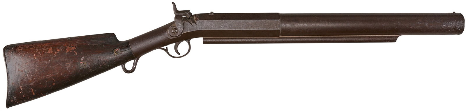 Red McCombs | Unmarked CC Brand Percussion Bomb Lance Whale Gun: Manufacturer: unmarked CC Brand-Norwich, CT (mid-late 19th c.) Model: Bomb Lance Caliber: approx. .86 bore Barrel Length: 20 in. OAL: 36.25 in. Condition: Fair-antique condition; wood stock is