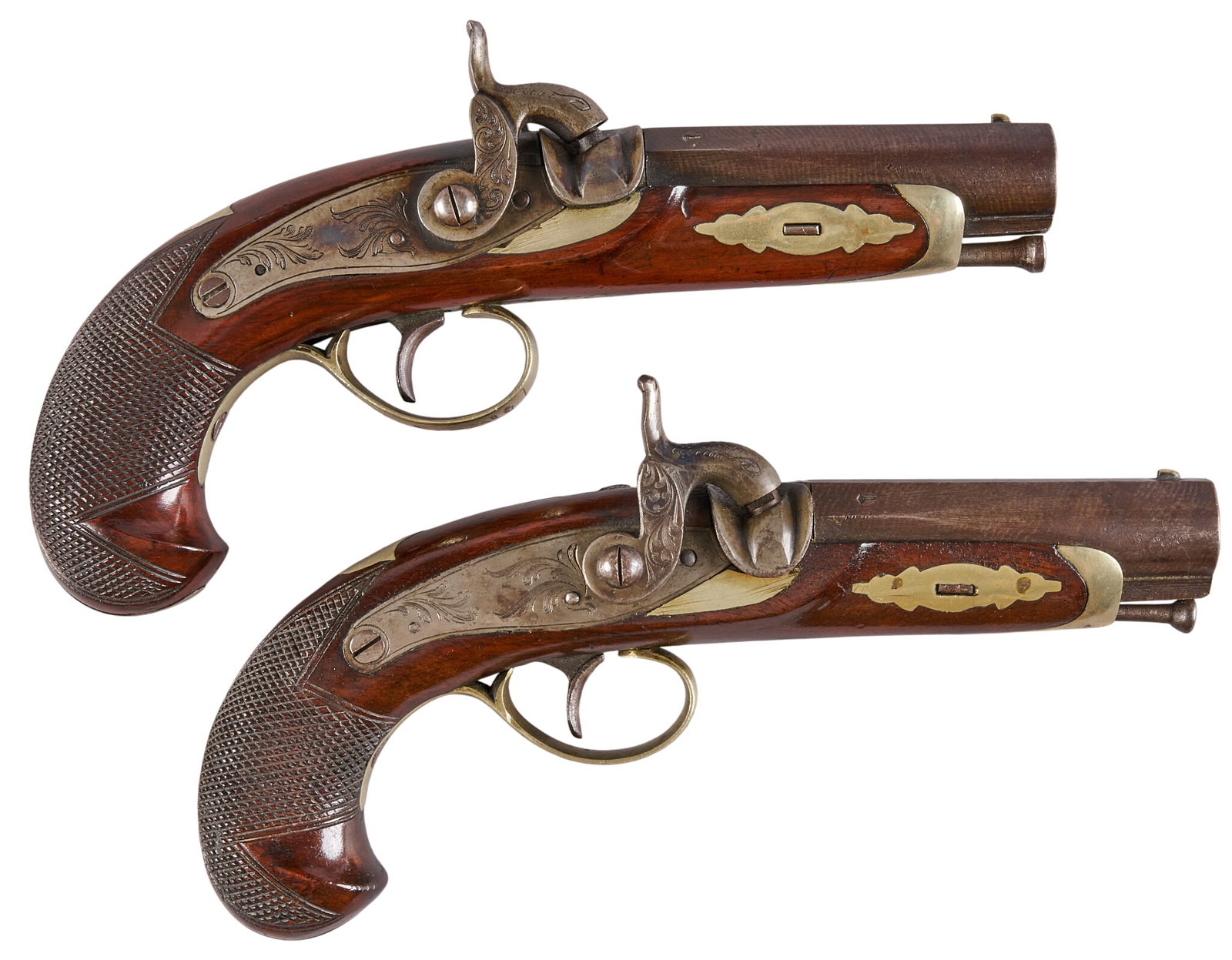 Red McCombs | Pair of Belgian German Silver Inlaid Percussion Derringers: Manufacturer: Liege, Belgium Model: Percussion Derringers Caliber: Approx. 40 Barrel Length: 4 in. OAL: 8.75 in. Condition: Good-antique; light scratches & pressure dents; some very light scattere