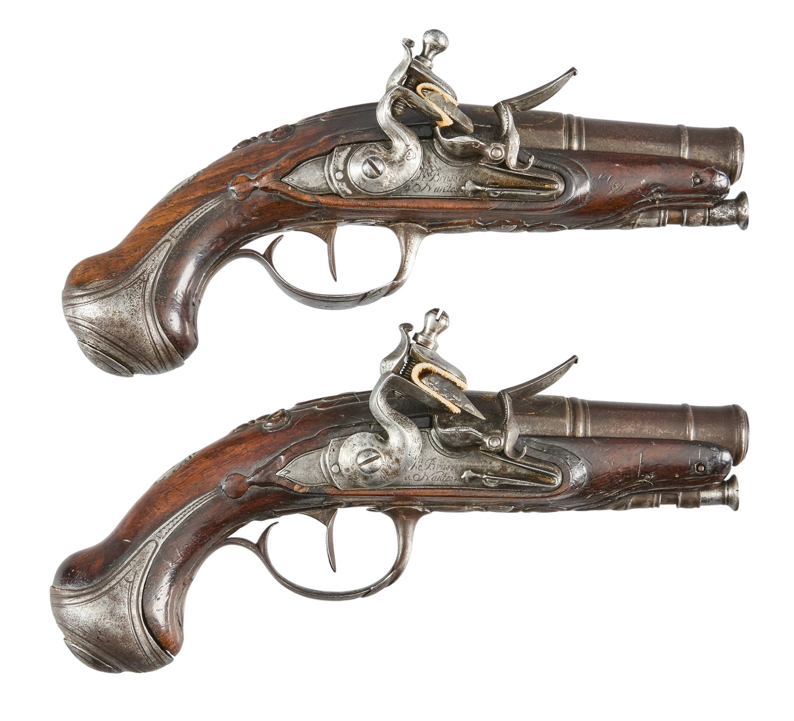 Red McCombs | Pair of Gold Inlaid Nantes France Traveling Flintlock Pistols in Chest (1 of 4)
