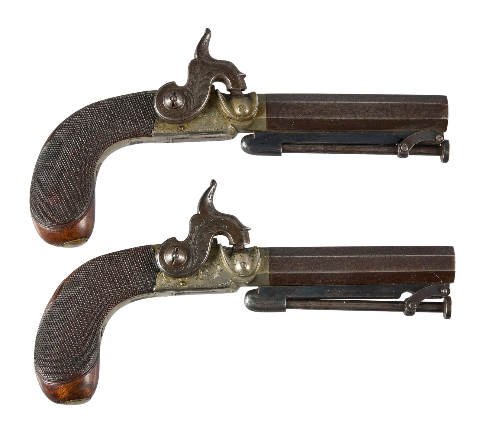 Red McCombs | Pair of Birch London Percussion Pocket Pistols: Manufacturer: Birch London Model: Hidden Trigger Percussion Pocket Pistol Caliber: Approx. 41 Barrel Length: 3 in. OAL: 6.75 in. Condition: Good-antique; mostly sharp checkering with some light scuffs