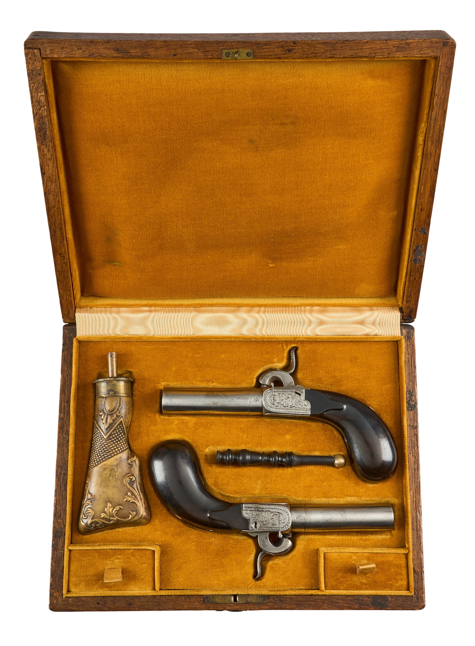 Red McCombs | Pair of Cased & Engraved Belgian Dueling Pistols: Manufacturer: Liege, Belgium Model: Dueling Pistol Caliber: 60 OAL: 7 in. Condition: Good-antique; very light wear on handles; polished metal shows scattered pitting; mechanically functional Includes:
