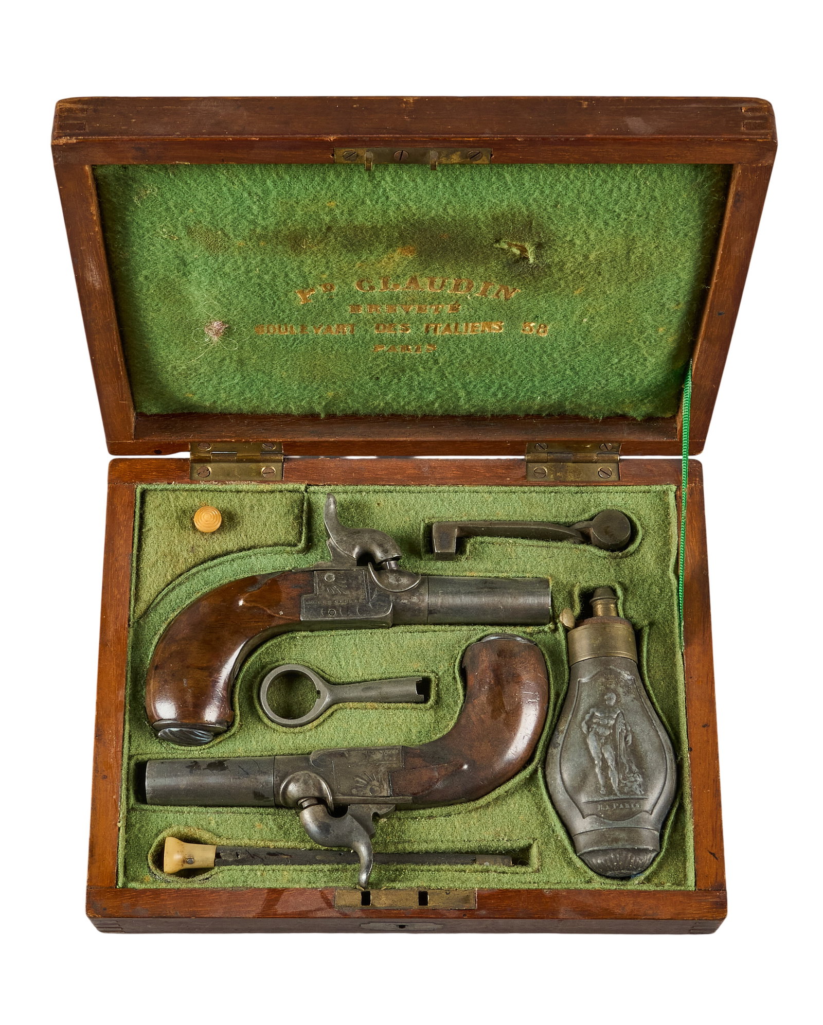 Red McCombs | Pair of Belgian Percussion Pistols in Ferdinand Claudin Case: Serial: 165 Manufacturer: Liege-Belgium (c. mid 19th c.) Model: pocket derringers Caliber: 40 cal. Barrel Length: 1.625 in. OAL: 5.25 in. Condition: Very good-antique; wood handles have light wear for