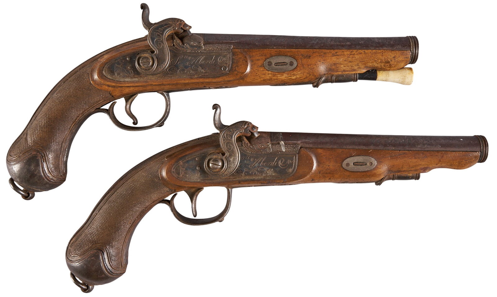 Red McCombs | Pair of Sebastian Alberdi Spanish Percussion Pistols: Manufacturer: Sebastian Alberdi-Eibar Spain (c. 1833) Model: Percussion Pistol Caliber: Approx. 67 Barrel Length: 6.5 in. OAL: 13 in. Condition: Good-antique; sporadic scratches & pressure dents w