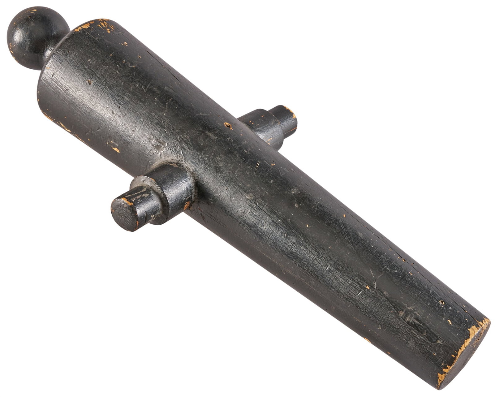 Red McCombs | Wooden Model Cannon: Unmarked black painted wooden model cannon Dimensions: 17 x 7.5 x 4 in. Condition: worn with multiple fractures Provenance: Property from the personal estate collection of iconic Texas businessman, ci
