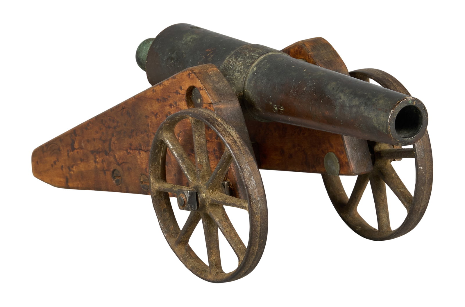 Red McCombs | 19th c. Miniature Cannon On Maple Mount: 19th century miniature bronze cannon on curly maple cariage Dimensions: 11.5 x 4.5 x 5.5 in. Provenance: Property from the personal estate collection of iconic Texas businessman, civic leader and phil
