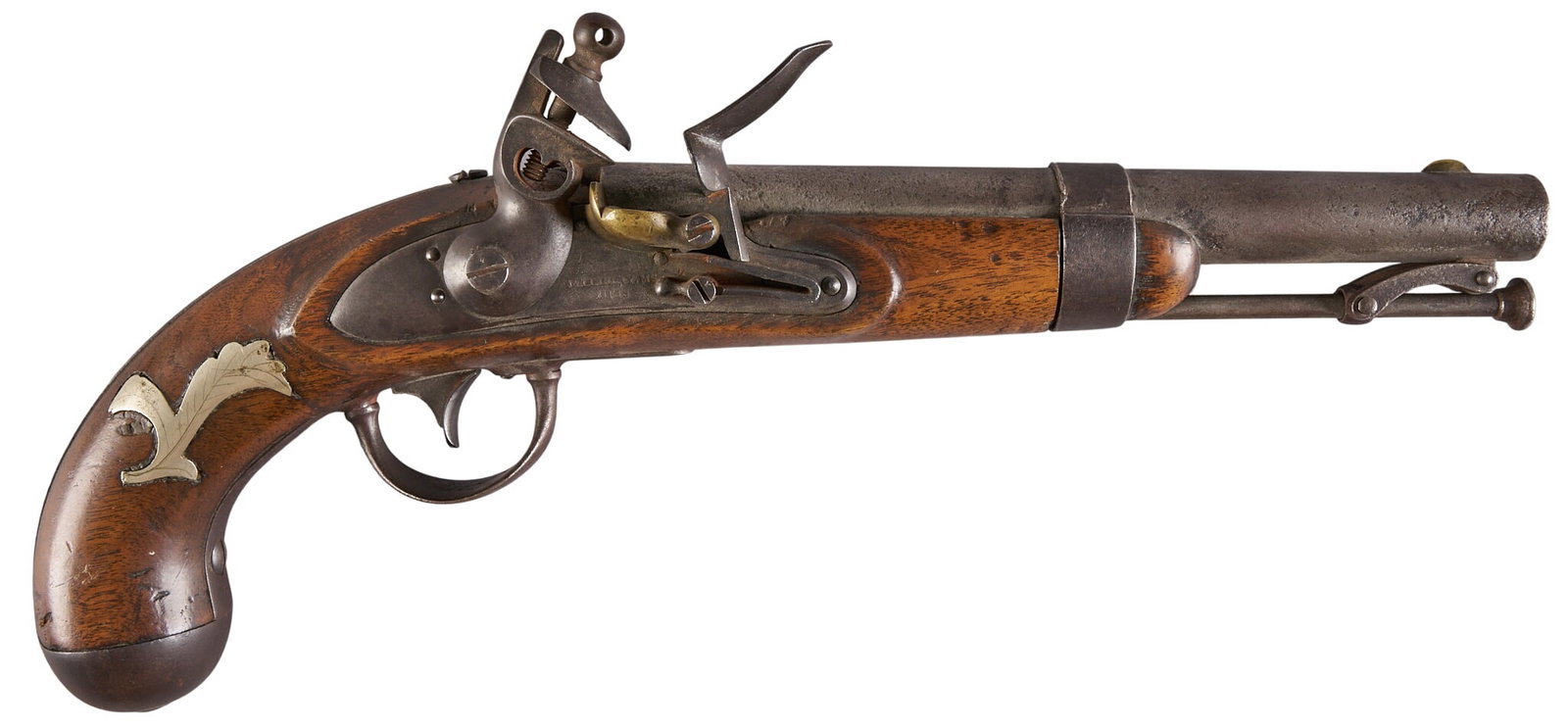 Red McCombs | N. Carolina Marked A. Waters Model 1836 Flintlock Martial Pistol: Manufacturer: A. Waters-MIlbury, MS (c. 1838) Model: M1836 Caliber: 54 cal. Barrel Length: 8.25 in. OAL: 14 in. Condition: Good-antique; wood stock has light wear for age w/ small split behind the loc