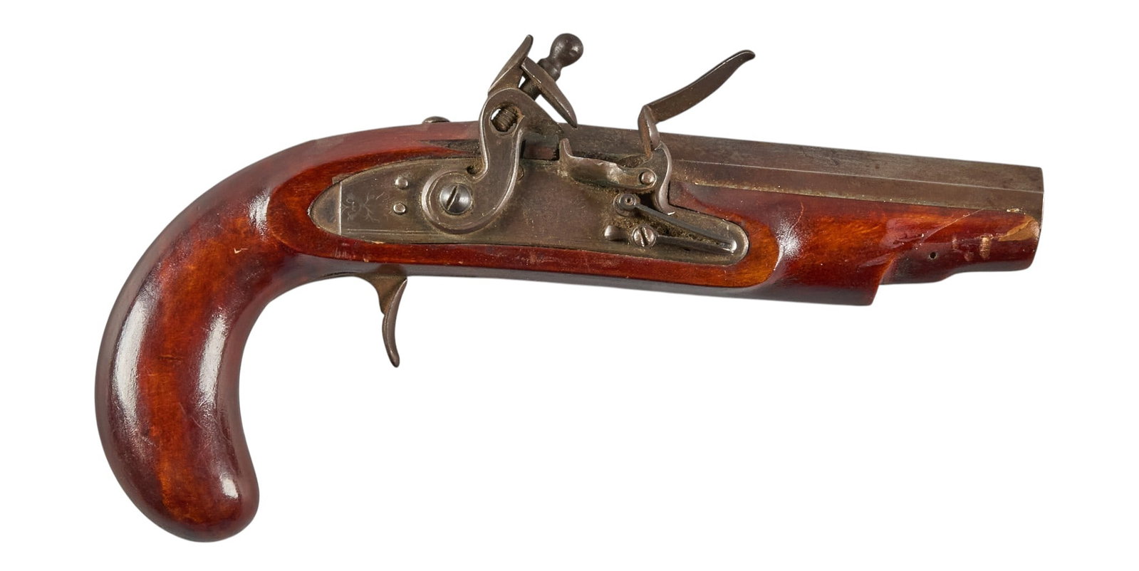 Red McCombs | American Flintlock Pistol: Model: Flintlock Pistol Caliber: 50 OAL: 10 Condition: Good-antique; stock has been sanded & re-stained; scattered rust & light pitting; mechanically functional Includes: no ramrod Prove
