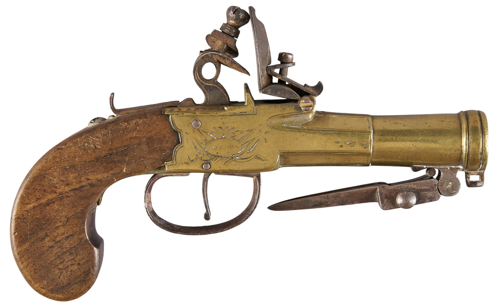 Red McCombs | Late 18th C. London England Flintlock Pocket Pistol W/ Bayonet: Manufacturer: Dutton-London (c. 1770-1790) Model: Flintlock Pocket Pistol W/ Bayonet Caliber: Approx. 46 Barrel Length: 3 in. OAL: 6.75 in. Condition: Good-antique; sporadic small pressure dents &